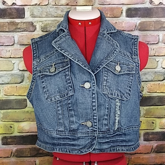 Miss Bisou Destroyed Denim Crop Vest Sz L - Picture 2 of 7
